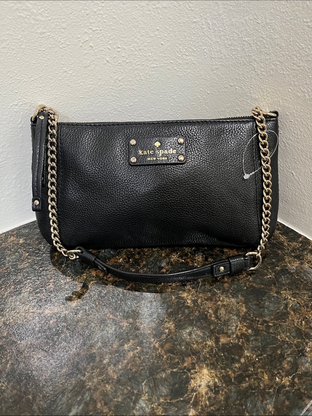 kate spade Black Pebbled Leather Chain-Trim Crossbody
